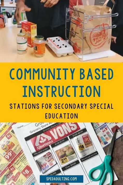 Ideally community skills would be taught in the community. But what if you can’t practice community based instruction outside the classroom? Here are 8 ways to practice these skills in your classroom. These ideas include virtual fields and social stories to help prepare your students for CBI, practicing vocational skills through setting up and running a classroom grocery store, student business ideas, and ideas for creating interactive, functional bulletin boards to practice life skills. Life Skills Stations, Life Skills Classroom Set Up High School, Classroom Grocery Store, Life Skills Activities Elementary, Vocational Bulletin Board Ideas, Vocational Classroom Setup, Classroom Business Ideas, Life Skills Lessons Special Education, Community Based Instruction Ideas