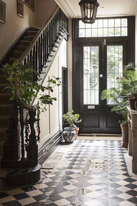 Townhouse Stairs Entryway, Black And White Tile Hallway, Black And White Tile Entry, Black And White Tiles Hallway, Tile Hallway, House Foyer, Contemporary Victorian, Black And White Tile, Victorian House Interiors