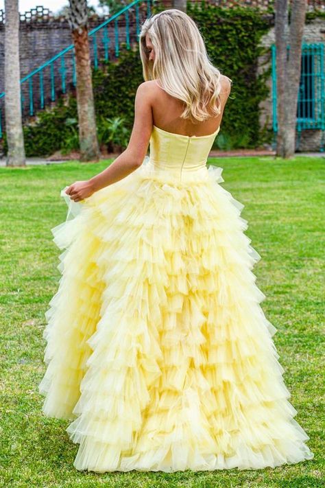 Yellow Formal Dress, Yellow Gown, Dress Display, Strapless Prom Dress, Prom Dresses Yellow, Prom Ball Gown, Satin Tulle, Custom Size Dresses, Gown Prom