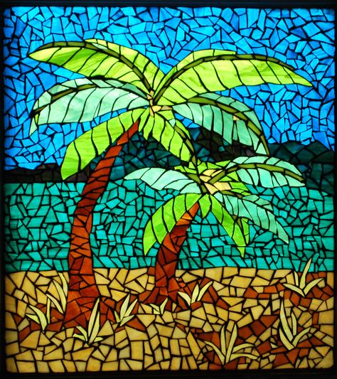 about 20 x 24 palm trees, grouted and back lit in the window. Broken Glass Crafts, Tree Mosaic, Garden Mural, Mosaic Garden Art, Mosaic Art Projects, Stained Glass Paint, Glass Mosaic Art, Mosaic Pictures, Mosaic Flowers