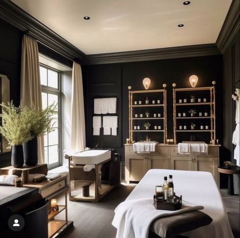 Black And Wood Esthetics, Black Wall Spa Room, Black Massage Room Ideas, Medical Spa Rooms, Esthetic Studio Decor, Black Spa Aesthetic, Dark And Moody Massage Room, Black Spa Decor, Med Spa Office Ideas