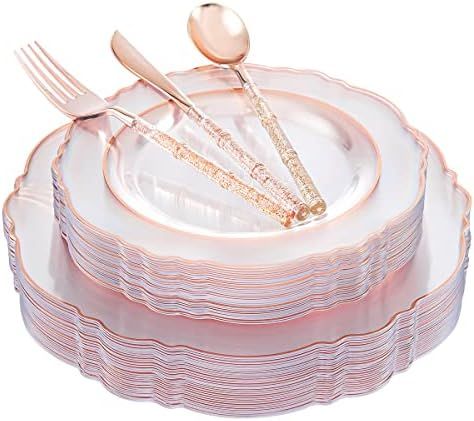 Liacere 150PCS Rose Gold Plastic Plates - Clear Rose Gold Disposable Plates with Glitter Bamboo Handle Cutlery - 60 Baroque Elegant Plates, 30 Forks, 30 Spoons, 30 Knives for Wedding & Mother’s Day Rose Gold Table Decorations, Wedding Plates Ideas, Gold Disposable Plates, Rose Gold Table Decor, Gold Table Decorations, Rose Gold Table, Gold Plastic Plates, Elegant Plates, Pink Plates