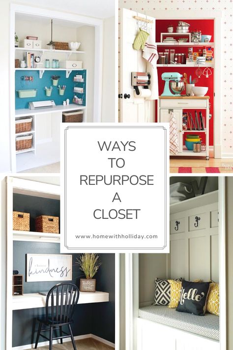 Ways to Repurpose a Closet - Home with Holliday Repurposed Small Closet, Change Closet Into Something Else, Other Uses For Closet Space, What To Do With Closet Space, Closet Bookshelf Conversion, Closet Turned Into Buffet, Closet To Shelf Conversion, Converting Closet To Open Shelving, Extra Closet Ideas