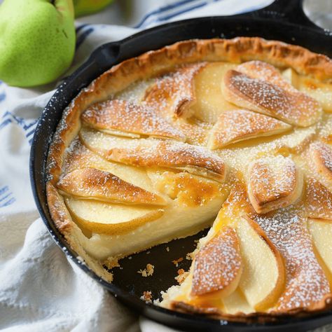 Pear Custard Delight Carmelized Pear Custard Pie, Custard Pear Pie, Pear Custard Tart, Pear Pastry Recipes, Pear Custard Pie, Desserts With Pears, Pear Mascarpone, Pear Custard Pie Recipe, Poached Pear Dessert