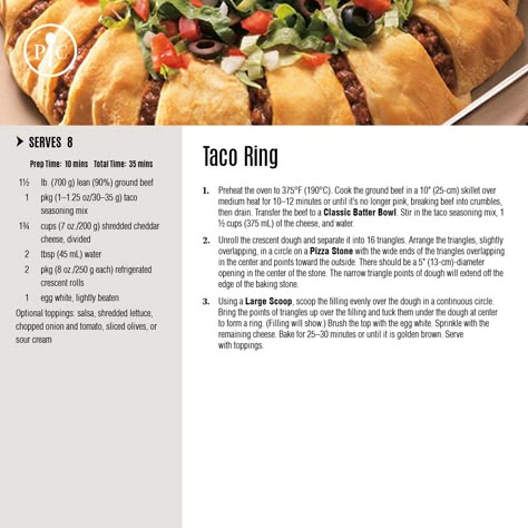 Pampered Chef Taco Ring, Taco Ring Recipe, Pastry Ring, Taco Ring, Peanut Butter Balls Recipe, Pampered Chef Party, Chef Party, Pampered Chef Consultant, Pampered Chef Recipes