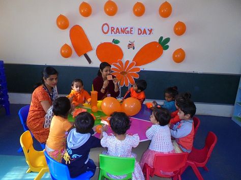 OISS - Orange Day Pre Nursery On Thursday 22nd January  2015, Orange colour day was celebrated for Pre Nursery. Classroom was decorated with orange balloons & objects related to orange colour was displayed.This activity helped children to recognise the orange colour & its different shades. Teachers helped children to do thumb printing with orange paint on the template of a carrot. At the end of the day they could recognise orange colour. Orange Colour Day Celebration In School, Orange Colour Day Activities For Kids, Orange Day Celebration In Preschool, Orange Colour Day, Nursery Classroom, Orange Craft, Orange Balloons, Orange Decor, Crayon Box