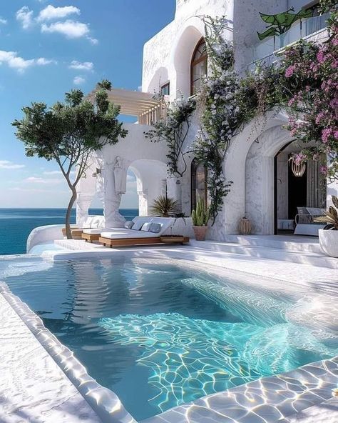 Greek Style Home, Coffee With A View, Santorini Grecia, Santorini Villas, Greece Villa, Villa Pool, Greek Villas, Aegean Sea, Greek Style