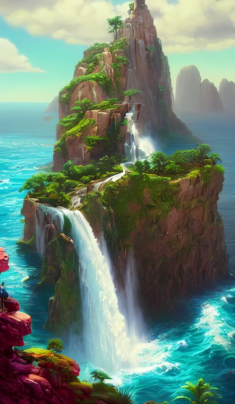 Fantasy Island Waterfall, Ailan on ArtStation at https://www.artstation.com/artwork/Om06Jy Fantasy Island Aesthetic, Fantasy Island Art, Fantasy Tropical Island, Dbd Character, Island Fantasy Art, Cliff Waterfall, Fantasy Map Drawing Ideas, Fantasy Islands, Fantasy Waterfall