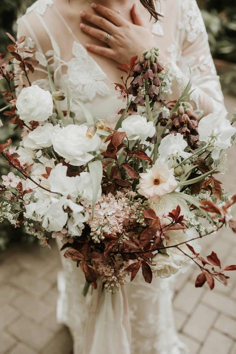 An incredible fresh flower bouquet of wild, untamed flowers in a dreamy palette of whites, browns and soft pinks. Brown Flower Bouquet, Intimate Home Wedding, Fresh Wedding Flowers, Fresh Flower Bouquets, The Pavilion, Brown Flower, The Wedding Date, Wildflower Wedding, Fresh Flower