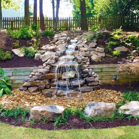 Outdoor Backyard Waterfall Designs Outdoor Makeover, Relaxing Backyard, Fountains Backyard, Garden Waterfall, Pond Waterfall, Pond Landscaping, Hillside Landscaping, Backyard Water Feature, Waterfalls Backyard