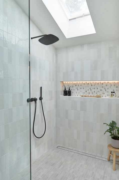 Walk In Shower With Skylight, Skylights Bathroom, Showers With Skylights, Bathrooms With Skylights, Bathroom With Roof Slope, Shower With Skylight Above, Skylight Design Bathroom, Bathtub Skylight, Bathroom Skylight Ideas