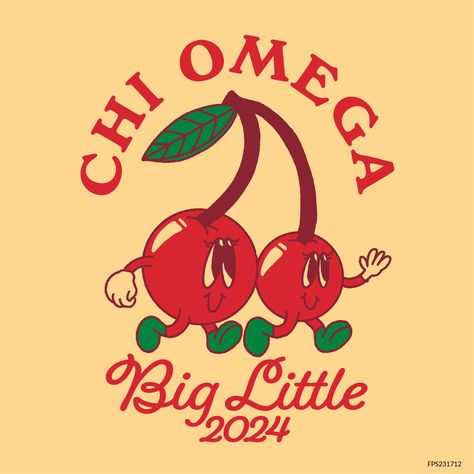 Design unique and trendy custom merch for your Greek organization from Fresh Prints! Submit a proof request to get a free mockup of your design today.   Chi Omega designs | Chi Omega apparel | custom apparel | greek apparel | Sorority designs | Big Little Reveal designs  |Big Little Reveal apparel | chi omega | sorority | big little | cartoons | cherry | cherries | retro cartoon | chi omega | big little reveal | sorority | sisterhood | philanthropy  #shirtjustgotcrazy #freshprints Chi Omega Shirts Design, Chi Omega Graphics, College Mindset, Chi Omega Letters, Chi Omega Apparel, Sorority Tshirt Designs, Custom Merch, Sorority Sisterhood, Chi Omega Sorority