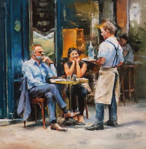 The String Section by Patricia Bellerose, Oil on Canvas | Koyman Galleries Cafe Paintings Art, Memory Drawing, Figure Sketches, Street Cafe, Lunch Table, Human Figure Sketches, Group Poses, Painting People, Figure Sketching