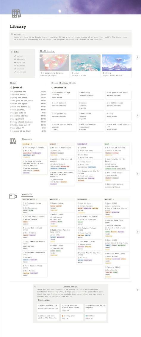 #Organisation #Notion_Library_Template #Notion_Hacks #Notion_Library Notion Hacks, Study Planner Free, Index Journal, Notion Ideas, Notion Inspo, Life Planner Organization, Notion Dashboard, Aesthetic Notion, Notion Templates