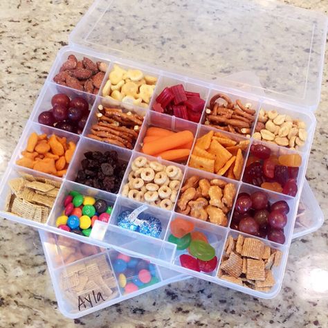 Road trip snack boxes for kids! (Used bead separator boxes) They were a hit!! Tackle Box Snacks Airplane, Road Trip Snack Containers, Airplane Snack Box For Kids, Snackle Box For Toddler, Travel Snacks For Toddlers, Snackle Box For Plane, Shackle Box Ideas For Kids, Snackle Box Ideas Toddler, Snack Tackle Box For Kids