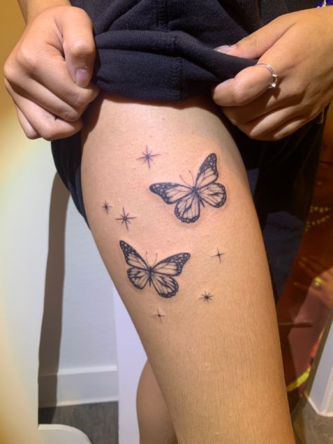 Girly Tattoos Black Women, Elephant Tattoos On Thigh, Butterflies Tattoo Thigh, Cheetah Butterfly Tattoo, Butterfly Tattoos On Thigh, Butterfly Tattoo Calf, Thigh Tattoos Women Butterfly, Hip Tattoo Butterfly, Tattoo Ideas Medium Size