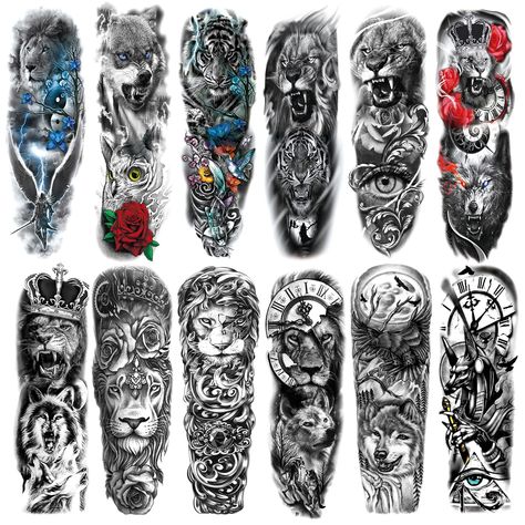 LEOARS 12-Sheet Full Arm Sleeve Temporary Tattoos Arm Tattoos Tiger, Full Sleeve Tattoos For Guys, Voll Arm-tattoos, Sleeve Tattoos For Guys, Animal Sleeve Tattoo, Large Temporary Tattoos, Arm Temporary Tattoos, Temporary Tattoo Sleeves, Full Arm Tattoos