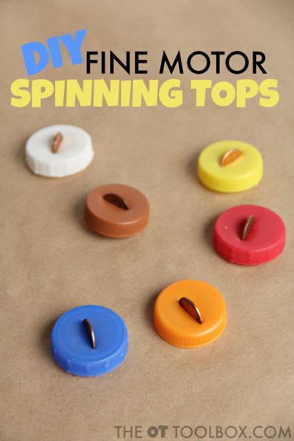 Kids will love these spinning tops made from recycled bottle caps to address fine motor skills.  This fun activity is great for toddlers, preschool and kindergarten.  Great to add into morning work in the classroom, occupational therapy or even at home!  #finemotor #finemotoractivities #spinningtops #pediatricOT Fine Motor Table Top Activities, Bottle Cap Activities Preschool, Recycling Fine Motor Activities, Bottle Cap Activity, Montessori Recycling Activities, Recycling For Kids, Preschool Fine Motor, Recycled Bottle, Spinning Top