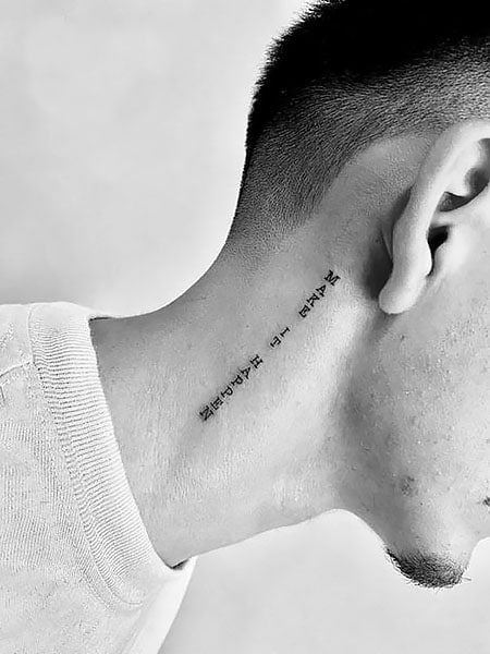 200 Best Tattoo Ideas for Men in 2022 - The Trend Spotter Tattoos 2023 Men, Neck Minimalist Tattoo Men, Neck Line Tattoo Men, Small Vertical Tattoo Men, Birthday Tattoo Ideas Men, Neck Minimalist Tattoo, Vertical Script Tattoo, Vertical Tattoo Design Men, Neck Tattoo Text