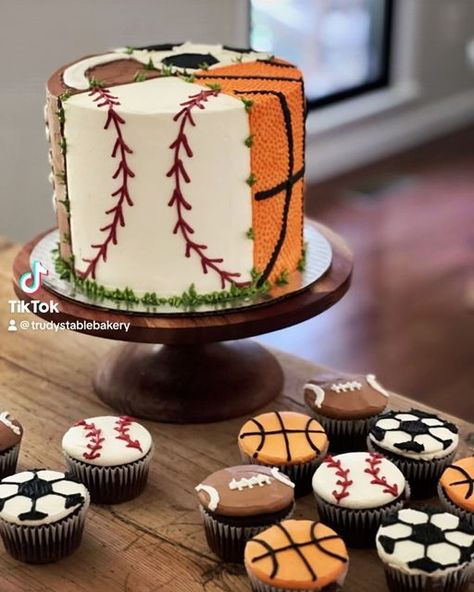 Sports Themed 1st Birthday Party, Sports Ball Cupcakes, Soccer And Baseball Cake, Sport Themed Cupcakes, Multi Sport Birthday Party, Sports Birthday Cupcakes, Multi Sports Cake, All Sports Birthday Cake, Sports Birthday Party Cake