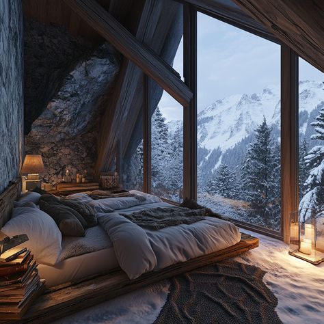 Just amazing...    #cabin Cozy Mountain Cabin Aesthetic, Ski Cabin Interior, Winter Cabin Mansion, Winter Cabin In The Woods Aesthetic, Vibey Bedroom, Snowy Cabin Aesthetic Interior, Snowed In Cabin Aesthetic, Cabin Weekend, Cozy Winter Cabin