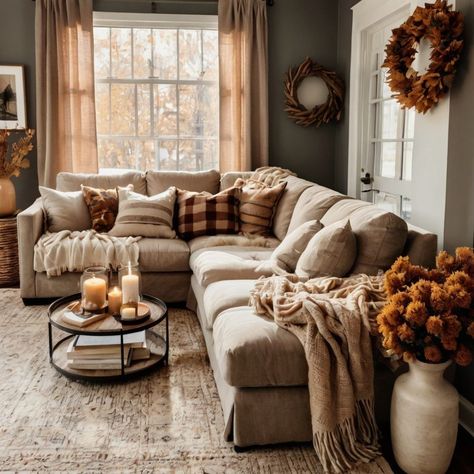 Cozy Living Room Big Couch, Cozy Living Rooms Fall, Living Room Color Ideas With Brown Couch Accent Walls, Not White Living Room, Sectional Color Ideas, Small Cozy Family Room Ideas, Cherry Wood Living Room Decor, Cognac Color Palette Living Room, Warm Home Decor Cozy Living Rooms