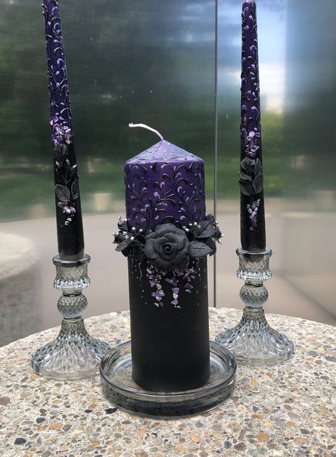 Black Purple Unity candle set  Purple Halloween Wedding Candles  Purple Gothic Table Candles  Hochzeitskerzen Black Purple Unity Candle Set Dark Purple Wedding Theme, Black Purple Wedding, Purple Black Wedding, Royal Purple Wedding, Dark Purple Wedding, Silver Wedding Theme, Gothic Wedding Theme, Candles Halloween, Purple And Silver Wedding