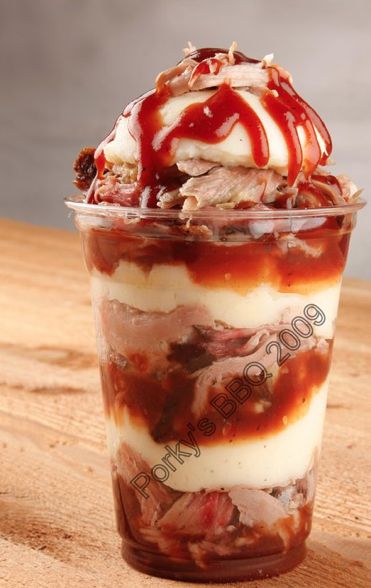 This delicious looking of pulled pork and mashed potato parfait is made by Porky’s BBQ. Pulled Pork Parfait, State Fair Food, Carnival Food, Food Trailer, Fair Food Recipes, Grilled Pork, Pork Dishes, State Fair, Bbq Recipes