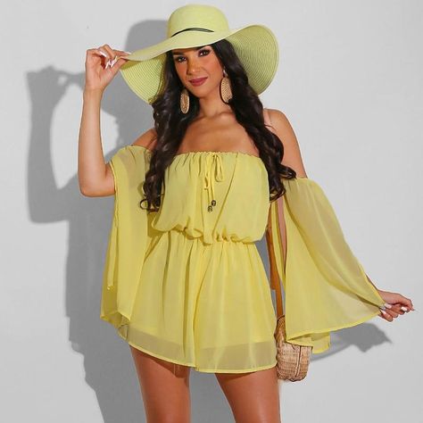 Chiffon Jumpsuit Split Long Sleeve Off Shoulder Casual Playsuits Style Bleu, Chiffon Jumpsuit, Chiffon Romper, Elegante Y Chic, Backless Romper, Body Suit With Shorts, Casual Rompers, Yellow Fashion, Sleeves (women)