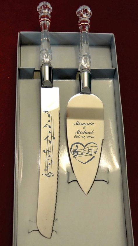 Music Heart Notes  Wedding Cake Knife and Server with Names and Date FREE Cake Music Theme, Musician Wedding, Heavy Metal Wedding, Couples Shower Themes, Wedding Cake Knife And Server, Table Pieces, Wedding Cake Server Set, Cake Knife Set, Wedding Cake Servings