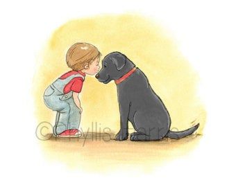 Dog and little boy | Etsy Labrador Retriever Art, Dog Watercolor Painting, Girl And Her Dog, Boy And His Dog, Dog Labrador, Dog German, Dog Sketch, 강아지 그림, Boy Drawing