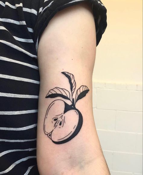 Maple Seed Tattoo Meaning, American Pie Tattoos, Apple Heart Tattoo, American Traditional Apple Tattoo, Half Apple Tattoo, Apple Slice Tattoo, Fruit Sticker Tattoo, Traditional Apple Tattoo, Squash Tattoo