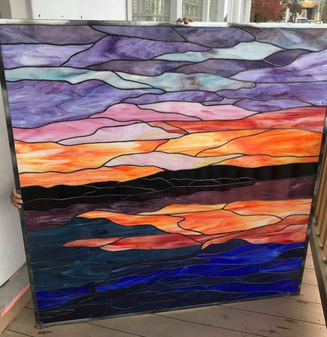 Stained Glass Sunset Over Water, Abstract Sunrise, Stain Glass Window Art, Glass Things, Sunrise Colors, Window Designs, Sunset At The Beach, Glass Window Art, Sunset Images