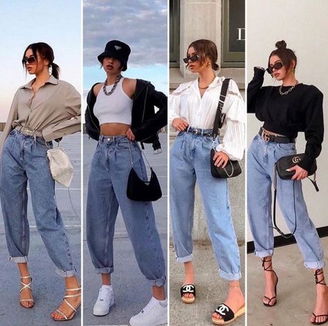 Paperbag Jeans Outfit Casual, Baloon Jeans Styling Women, Balloon Jeans Outfit, Balloon Pants Outfit, Balloon Jeans, Double Denim Looks, Casual Edgy, Trouser Outfit, Balloon Pants