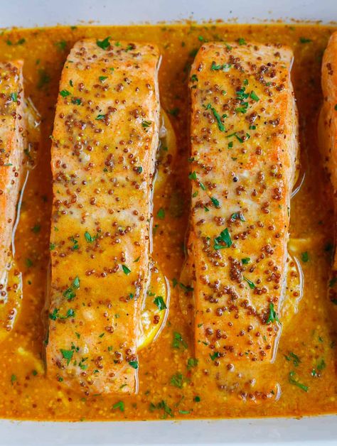 Honey Mustard Salmon Marinade, Salmon Mustard Sauce, Mustard Salmon Recipes, Mustard Fish Recipe, Mustard Glazed Salmon, Salmon Mustard, Salmon Dinners, Honey Mustard Salmon Recipes, Fish Dinners