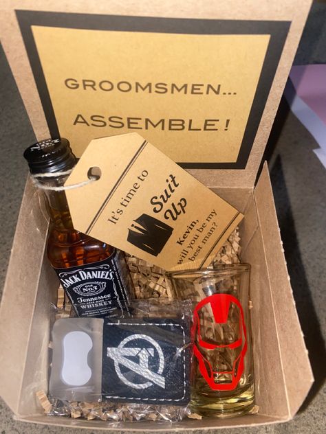 Marvel Groomsmen Proposal, Gamer Groomsmen Proposal, Groomsmen Proposal Box Ideas, Groomsman Boxes, Avengers Wedding, Disney Proposal, Groomsmen Boxes, Groomsman Proposal Box, Groomsmen Proposal Gifts