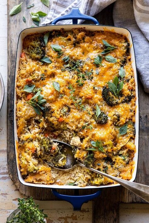 Broccoli Cheddar Chicken and Rice Casserole | halfbakedharvest.com #casserole #healthyrecipes #familyrecipes #chickenandrice Half Baked Harvest Chicken Broccoli, Half Baked Harvest Chicken, Themed Meals, Grain Dishes, Weeknight Casseroles, Broccoli Cheddar Chicken, Comfort Meals, Broccoli Dishes, Fall Eats