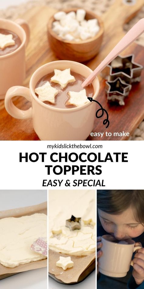 Easy to make these star hot chocolate toppers make any hot chocolate special and are perfect for holidays and special occasions such as Christmas, New Years and Birthdays Marshmallow Hot Chocolate Toppers, Hot Chocolate Birthday Party, Hot Chocolate Stirrers Recipe, Hot Cocoa Toppers, Hot Chocolate Dippers, Hot Chocolate Toppers, Cute Christmas Baking, Farmers Market Bakery, Christmas Edible Gifts