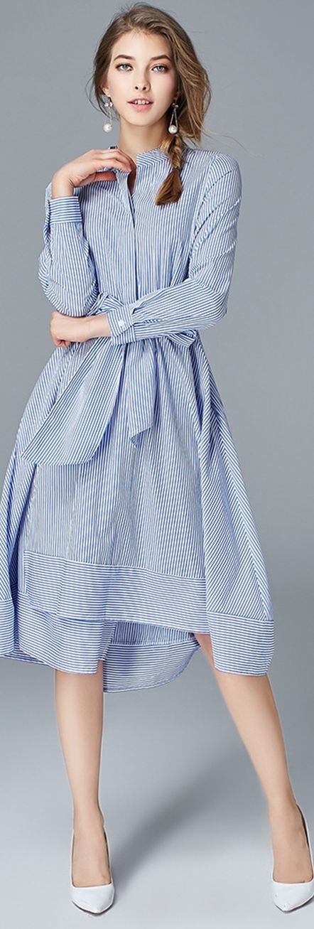 Light Blue Sash Striped Shirt Dress Blue Summer Dress Outfit, Shirtdress Outfit, Blue Sash, Classy Street Style, Floral Print Dress Long, Swimming Suit, Striped Shirt Dress, Summer Dress Outfits, Padded Bra