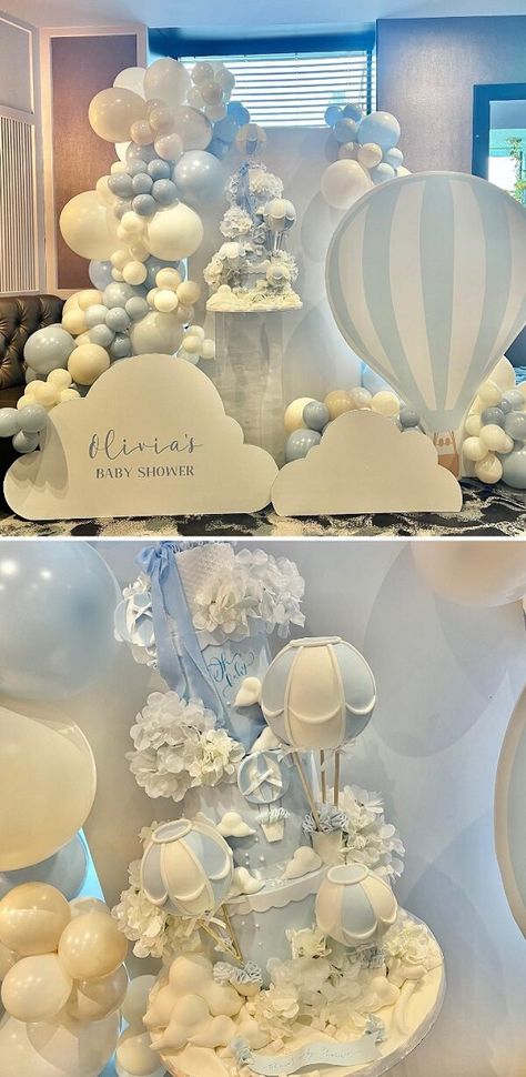 Hot Air Balloon Shower Theme, Air Balloon Party Theme, Hot Air Balloon Balloon Decor, Hot Air Ballon Baby Shower Theme, Hotair Balloon Baby Shower Ideas, Hot Air Balloon Theme Baby Shower Boy, Hot Air Balloon Centerpiece, Clouds Baby Shower Theme Boy, Air Balloon Baby Shower Theme