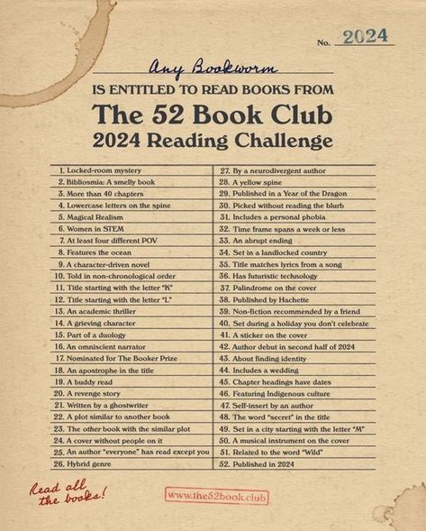 2024 Reading Challenge – The 52 Book Club 2025 Book Challenge, 2025 Reading Challenge, 2024 Reading Challenge, Book Challenge Template, Literature Major, John Grisham Books, 100 Book Challenge, Tbr Books, Book Journaling