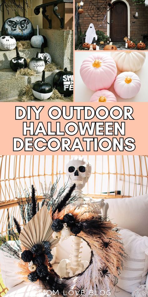 Collage of DIY outdoor Halloween decorations, including yard decorations and front porch decor. Diy Outdoor Halloween Decorations, Halloween Yard Decorations Diy, Diy Halloween Garland, Diy Yard Decor, Halloween Pumpkin Diy, How To Clean Laminate Flooring, Halloween Diy Outdoor, Outdoor Halloween Decorations, Halloween Front Porch Decor