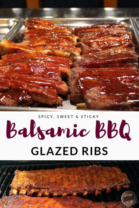 Balsamic Barbecue Glazed Ribs  #bbq #ribs #barbecue #grill #smoked #smokedmeat #grilling #sticky #sweet @barrelagedcreations #balsamicvinegar #balsamic #glaze #sauce #bbqsauce #cookout #recipe #meat #pork #beef #traeger #weber #greenegg #summertime Glaze For Ribs, Ribs Barbecue, Glaze Sauce, Bbq Ribs Recipe, Barbecue Ribs Recipe, Grilled Ribs, Roast Chicken And Gravy, Glazed Ribs, Ribs Bbq