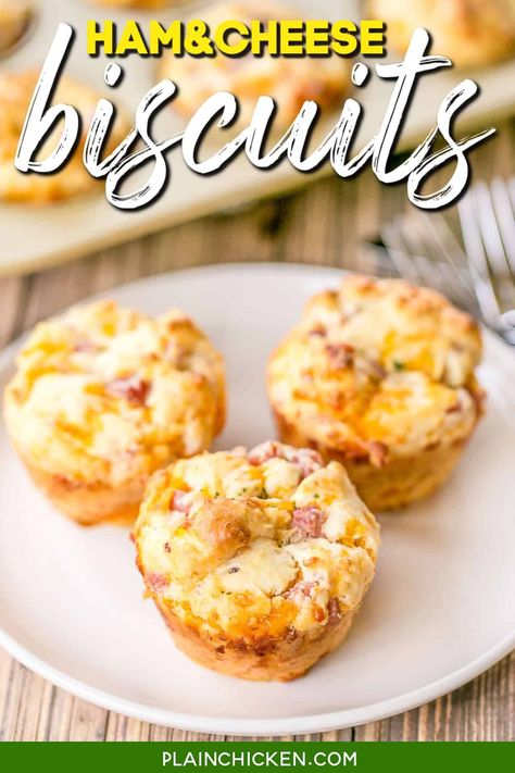 Muffin Cup Ham and Cheese Biscuits – SO GOOD! Great for breakfast, lunch or dinner. Make in a mini muffin pan for parties. There are never any left!! All-purpose flour, baking powder, salt, mayonnaise, ham and cheese. Ready in under 15 minutes! Simple Breads, Ham And Cheese Biscuits, Church Snacks, Chicken Muffins, Church Recipes, Muffin Cups Recipes, Homemade Pimento Cheese, Barrel Race, Ham Breakfast