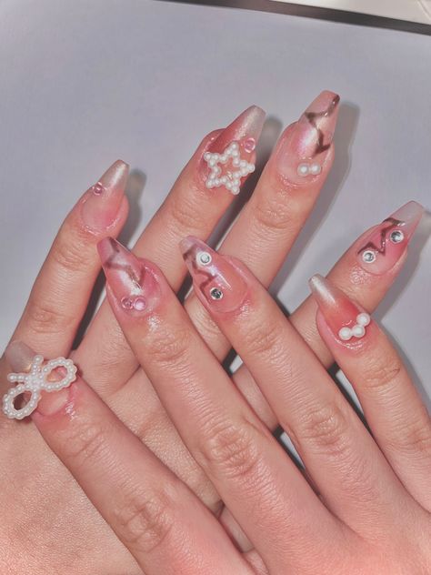 pink gel nails with black outlined stars and pearls Gel X Nails, X Nails, Birthday Nails, Nail Art, Nails, Birthday, Art, Nail Arts