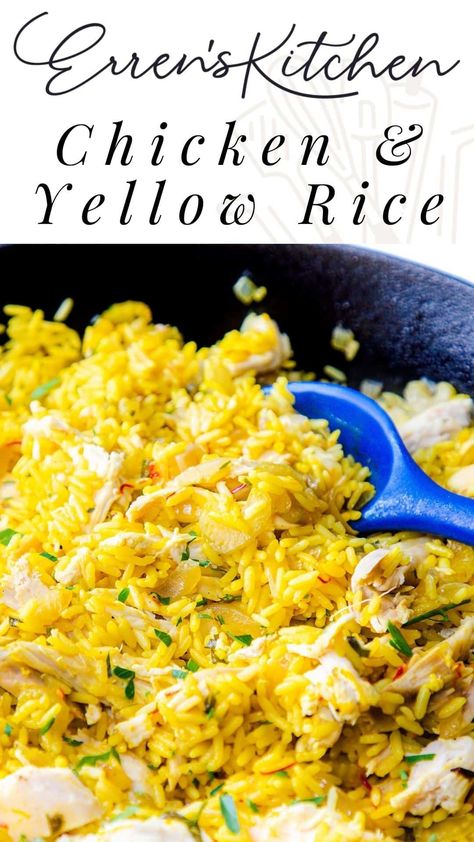 This incredibly tasty Chicken and Yellow Rice recipe is a simple one-pot dish that's perfect for using leftover chicken. #easyonepotmeal #ErrensKitchen Chicken Yellow Rice Instant Pot, What To Eat With Yellow Rice, Chicken And Yellow Rice Oven, Chicken And Yellow Rice Crockpot, Yellow Rice Meals, Chicken And Yellow Rice Recipes, Chicken And Yellow Rice Casserole, Yellow Rice And Chicken, Rice And Chicken Recipes