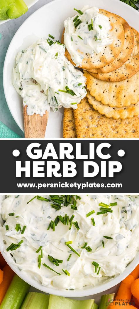 Garlic Herb Dip starts with a cream cheese base and then is filled with fresh herbs. Pair this super easy dip recipe with crackers, chips, or veggies to make the perfect quick snack for your next party or game day. Alouette Garlic Herb Cheese Recipe, Cream Cheese Cracker Dip, Quick Cheese Dip, Cracker Dip Recipe, Garlic Herb Dip, Snack Dips, Fresh Cheese Recipe, Cheese Chip Dip, Persnickety Plates