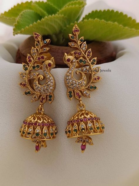 Peacock Model Earrings Gold, South Jwellery Designs Simple, Pecock Model Earrings Gold, Gold Earrings Buttalu Models, Peacock Earrings Indian Gold, Tamil Selvi, Beaded Wedding Jewelry, Lily Earrings, Jhumka Designs