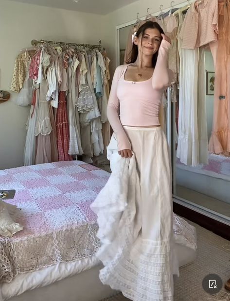 Long Skirt Girly Outfits, Cotteque Aesthetic Outfits, Sweaters And Long Skirts, Coquette Outfit Long Skirt, White Skirt Pink Top Outfit, White Flowy Top Outfit, Coquette Church Outfits, Cotteque Outfits, Modest Girly Outfits Casual