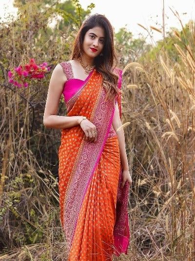 Silk Saree Banarasi, Orange Saree, Wedding Silk Saree, Banarasi Silk Saree, Art Silk Sarees, Contrast Blouse, Fancy Sarees, Soft Silk Sarees, Bollywood Saree